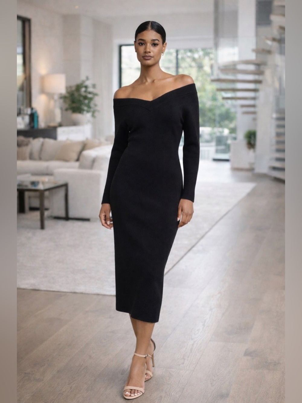 MODERN CITIZEN Brea Off Shoulders V Neck Sweater Dress Long Sleeve Modern Chic S